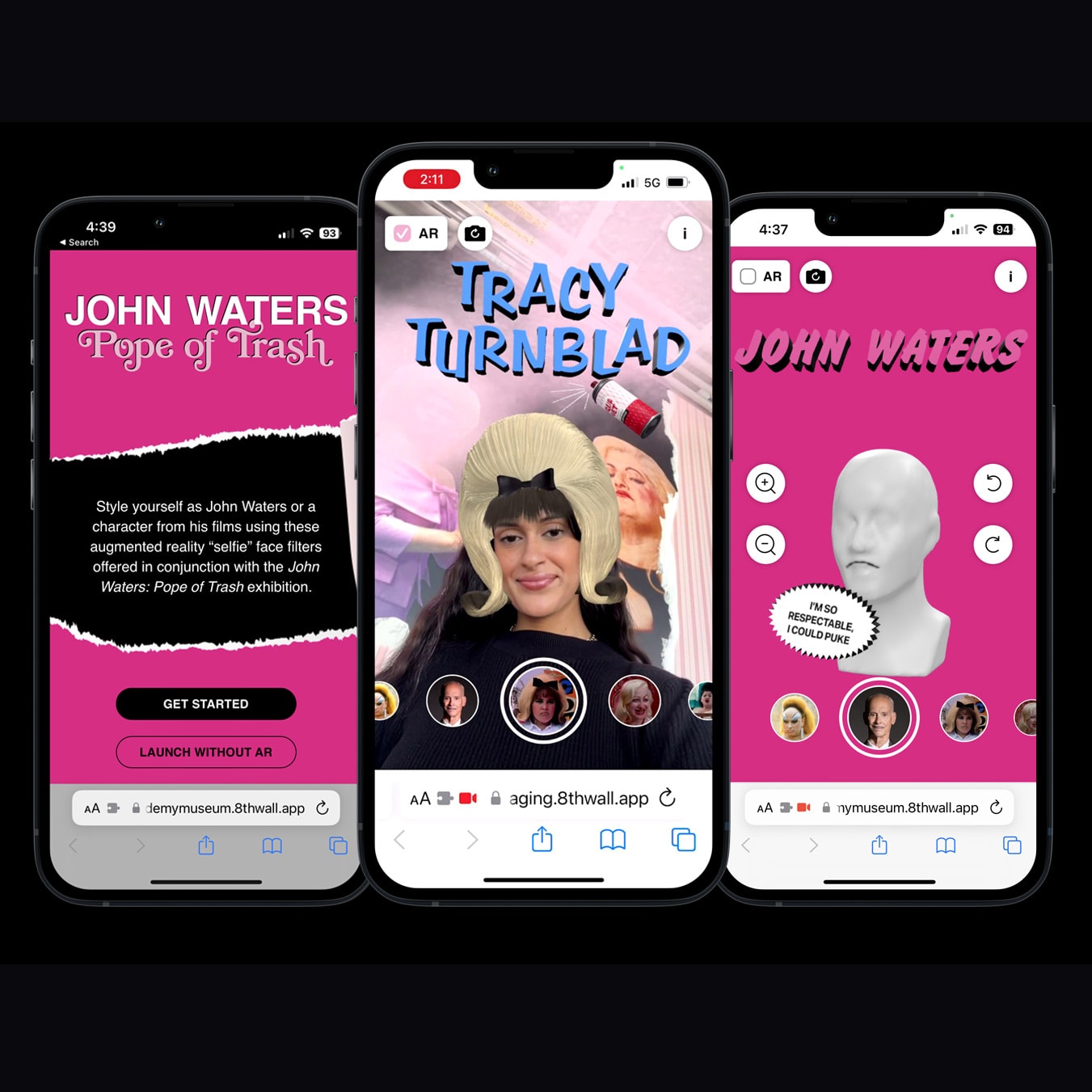 Three phones showing the John Waters AR Face filter experience